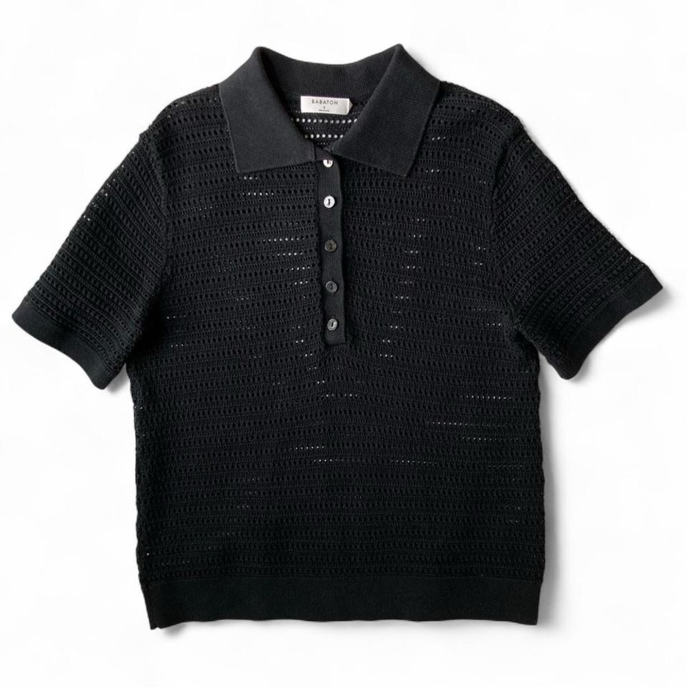 Babaton Composure Polo Organic Cotton Shortsleeve Crochet Knit Black Size S